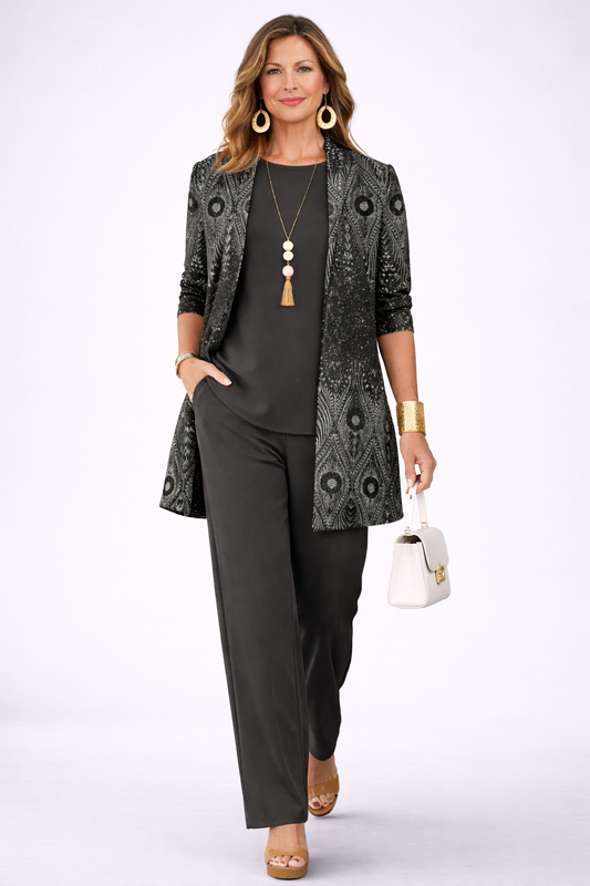 Celestina - Completo tre pezzi con cardigan lungo Nero e Grigio