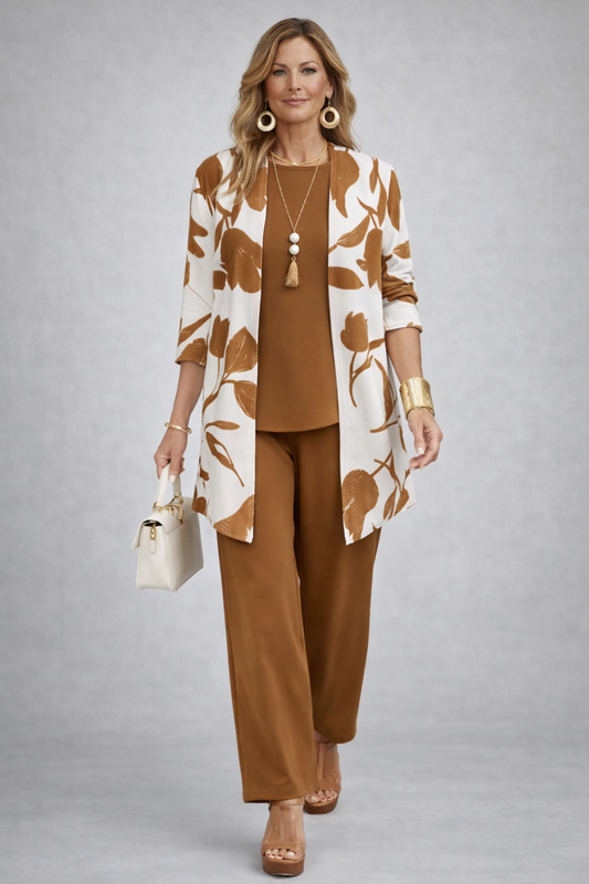 Luciana - Completo tre pezzi con cardigan lungo Caramello
