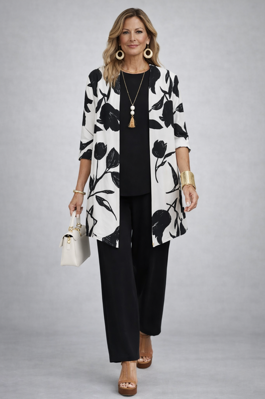 Nella - Completo tre pezzi con cardigan lungo Nero e Bianco