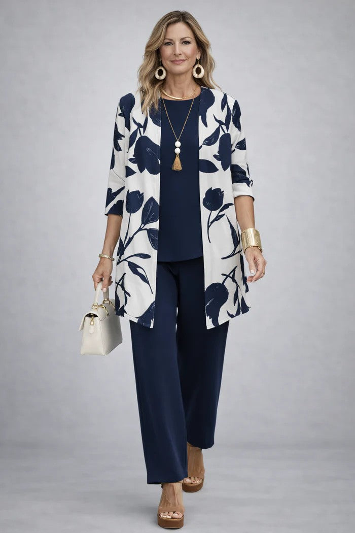 Anastasia - Completo tre pezzi con cardigan lungo Blu e Bianco