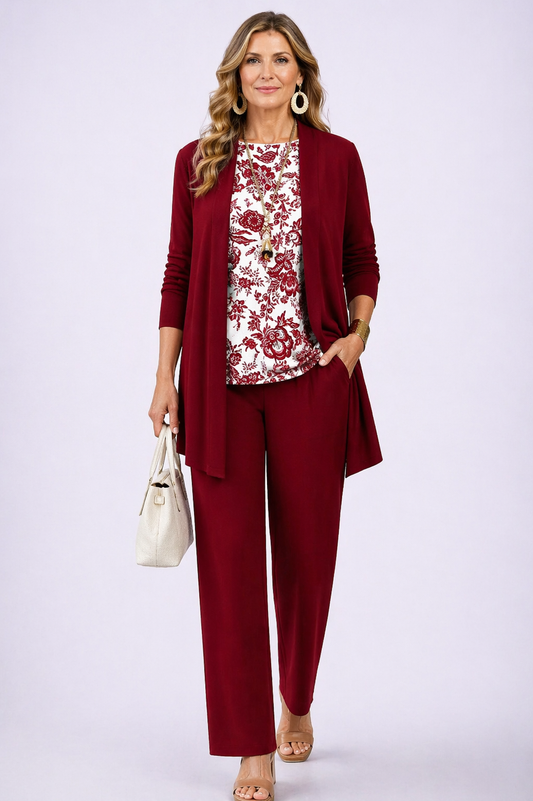 Loretta - Completo tre pezzi con cardigan lungo Rosso Intenso