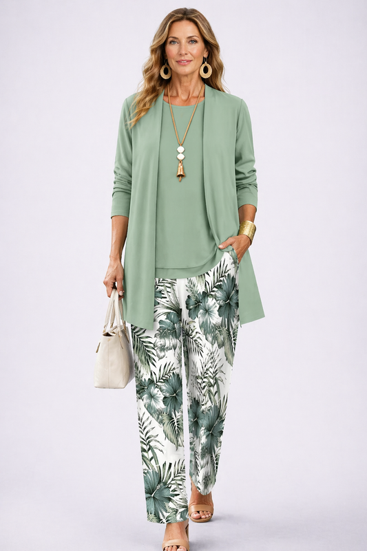 Ofelia - Completo tre pezzi con cardigan lungo Verde Chiaro