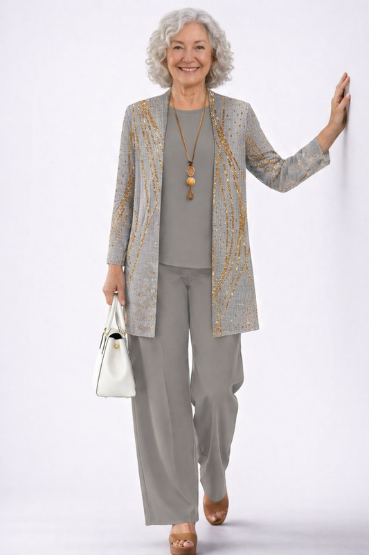Concetta - Completo tre pezzi con cardigan lungo Grigio e Oro