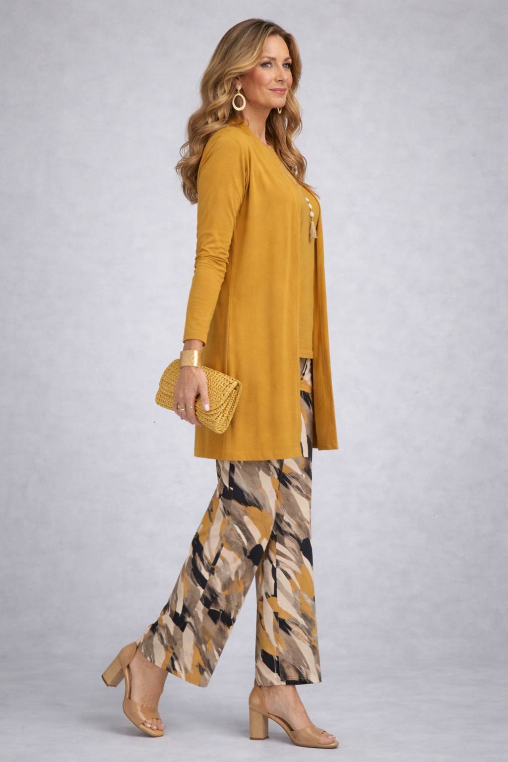 Rossana - Completo tre pezzi con cardigan lungo Senape