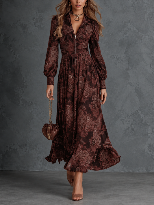 Fausta - abito Lungo con Stampa Cachemire da donna, colore marrone scuro