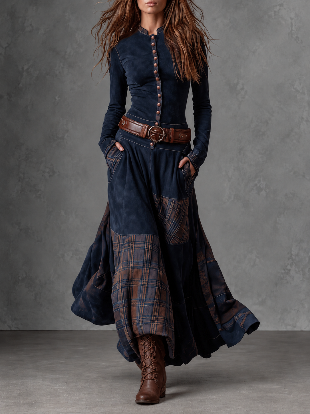 Ippolita - abito Lungo Scamosciato con Gonna Patchwork e Cintura da donna, colore blu navy