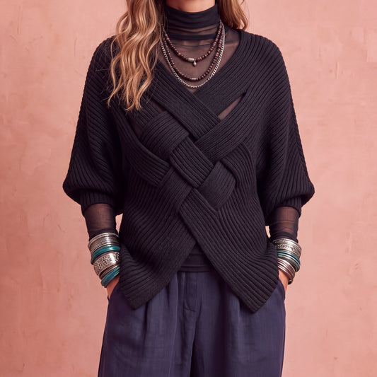 Ivonne - maglione a coste con strisce incrociate da donna, colore nero