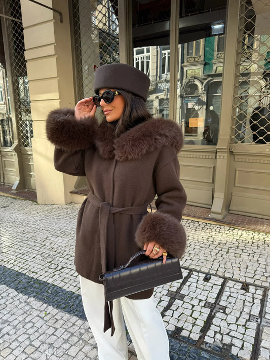 Lea - cappotto Marrone con Bordi in Pelliccia da donna, colore marrone