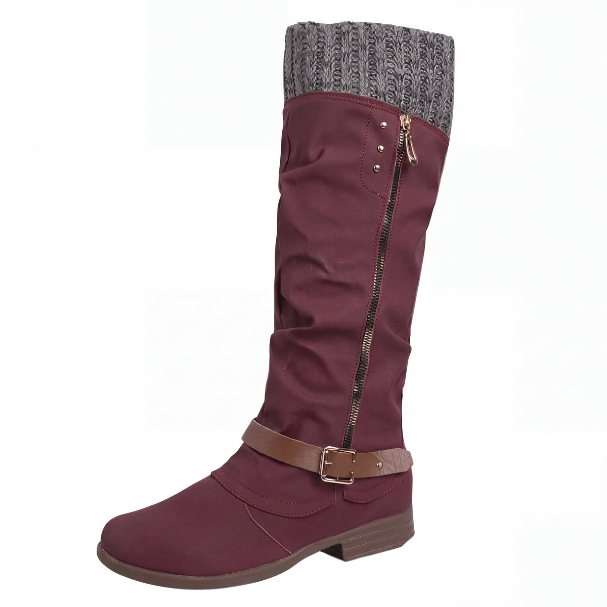 Leda - Stivali Alti con Dettaglio in Maglia Bordeaux