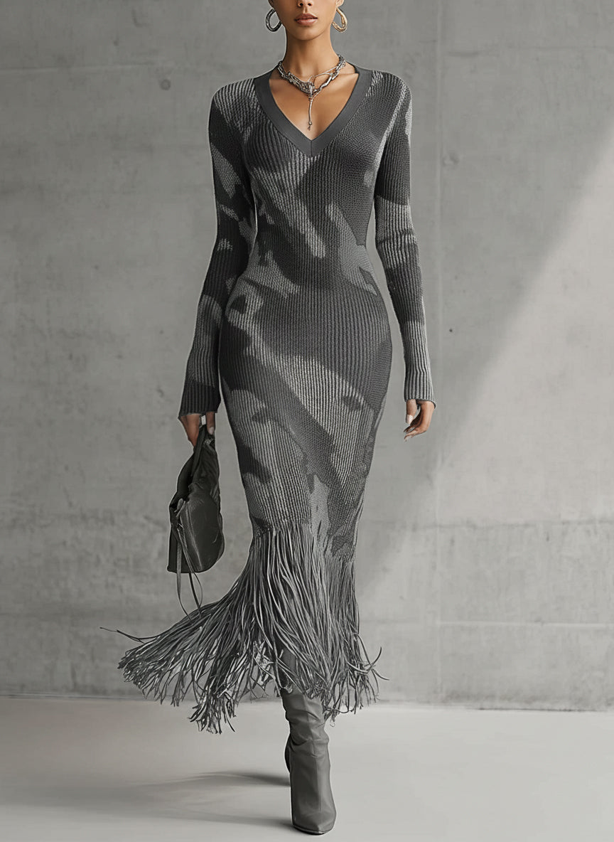 Mirta - abito Lungo in Maglia Mimetica con Frange da donna, colore grigio