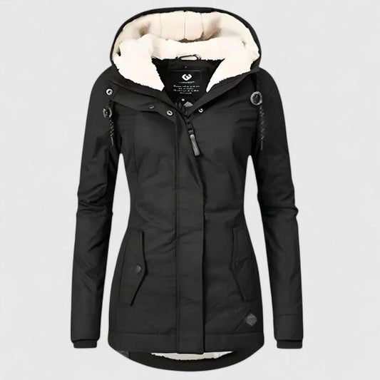 Ermelinda - parka impermeabile con cappuccio in pile da donna, colore nero