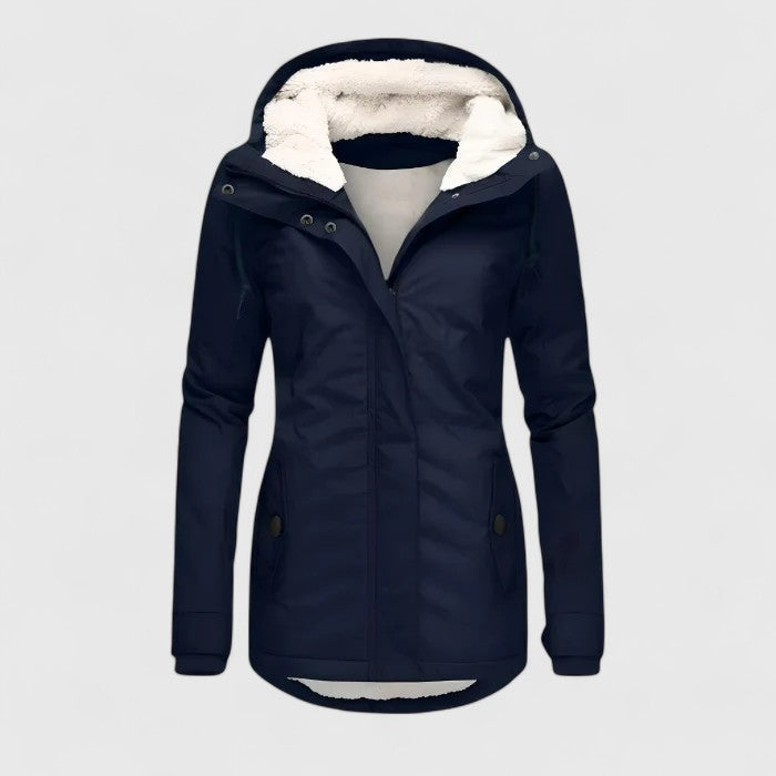 Ermelinda - parka impermeabile con cappuccio in pile da donna, colore blu navy