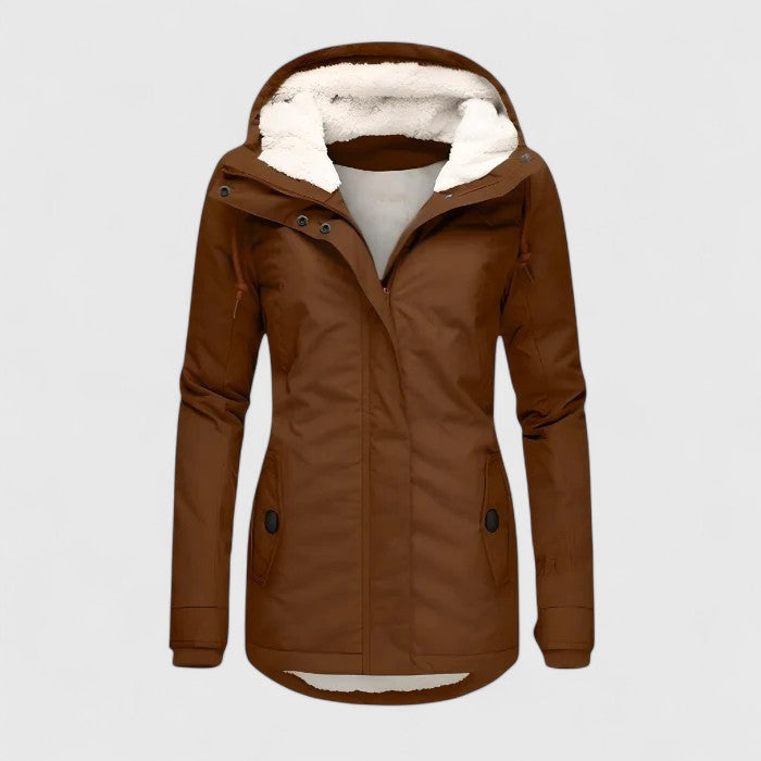 Ermelinda - parka impermeabile con cappuccio in pile da donna, colore marrone