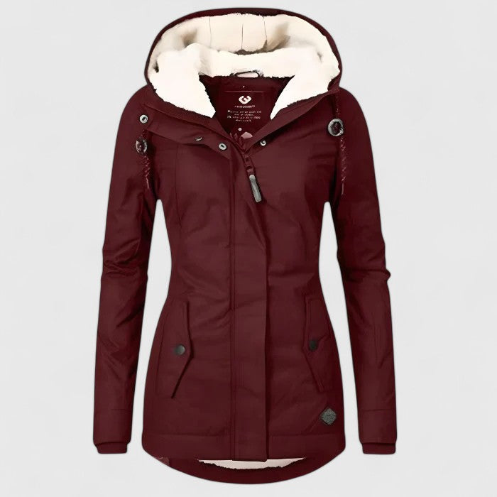 Ermelinda - parka impermeabile con cappuccio in pile da donna, colore rosso