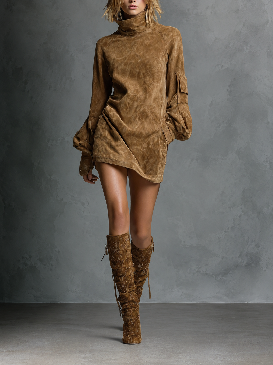 Zelia - mini Abito Scamosciato Oversize a Collo Alto da donna, colore marrone