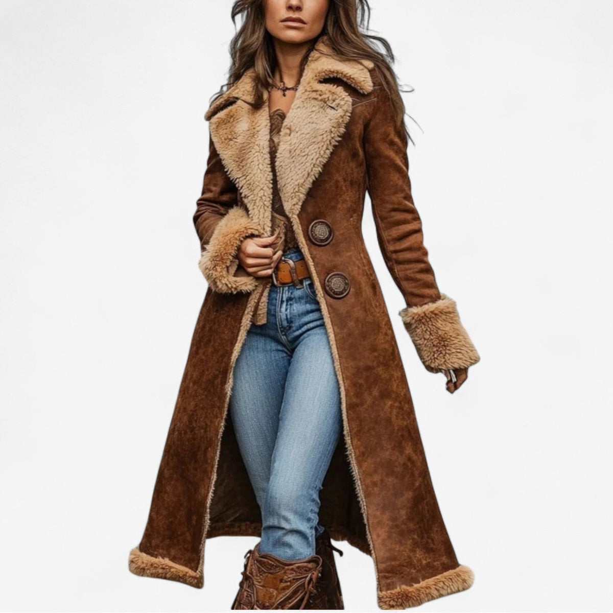 Dalila - cappotto lungo con collo in pelo da donna, colore marrone, vista 2