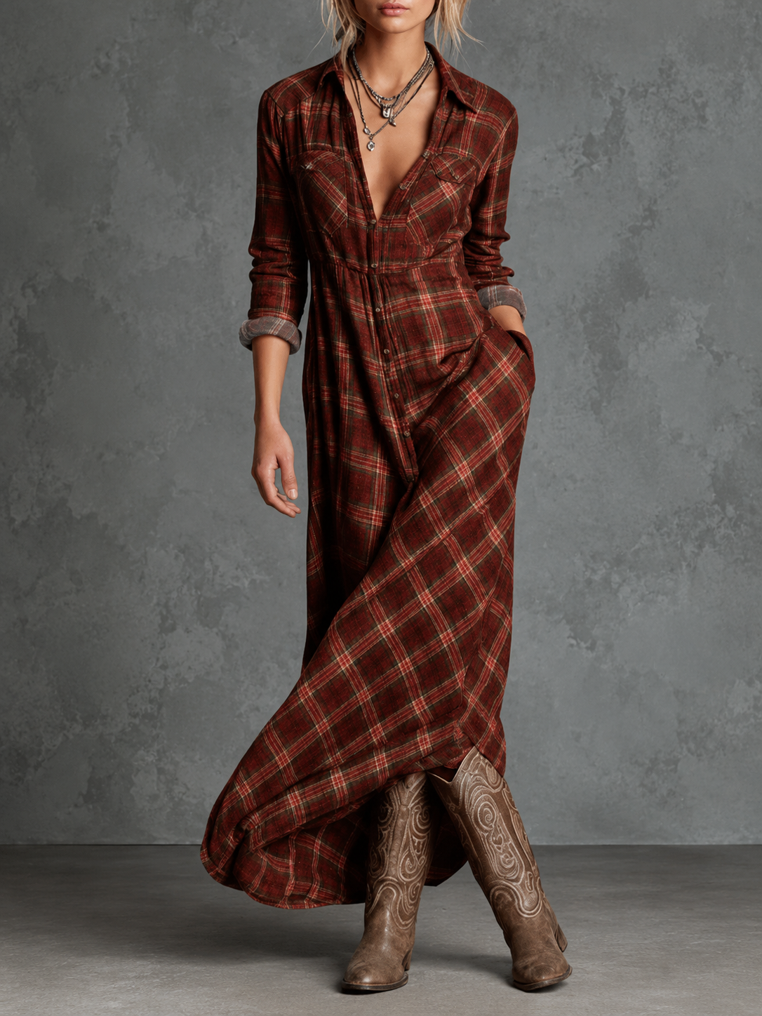 Gina - abito Chemisier Lungo a Quadri da donna, colore bordeaux
