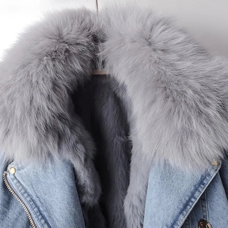 Giacca in denim con collo effetto pelliccia Leonora