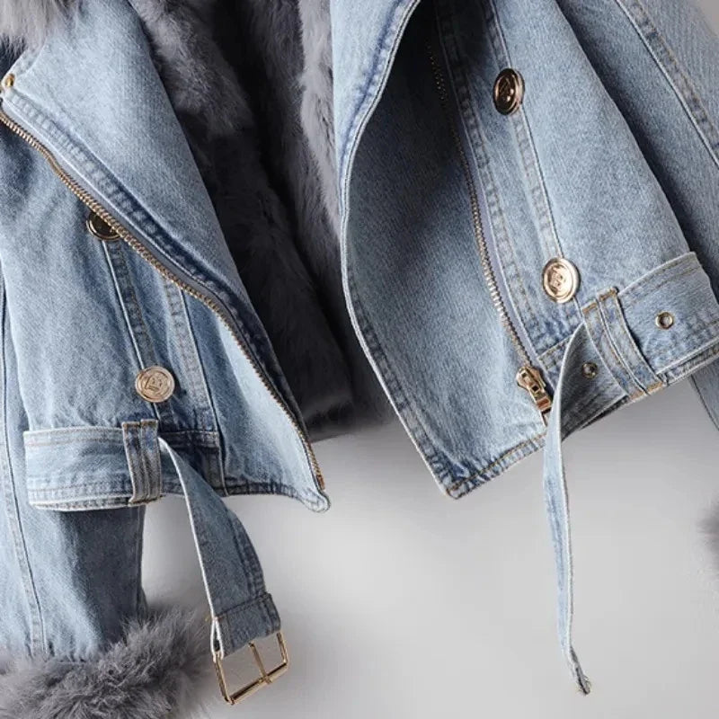Giacca in denim con collo effetto pelliccia Leonora