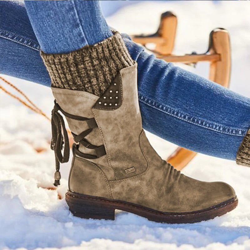 Alma - Stivali Invernali con Lacci e Bordo in Maglia Kaki