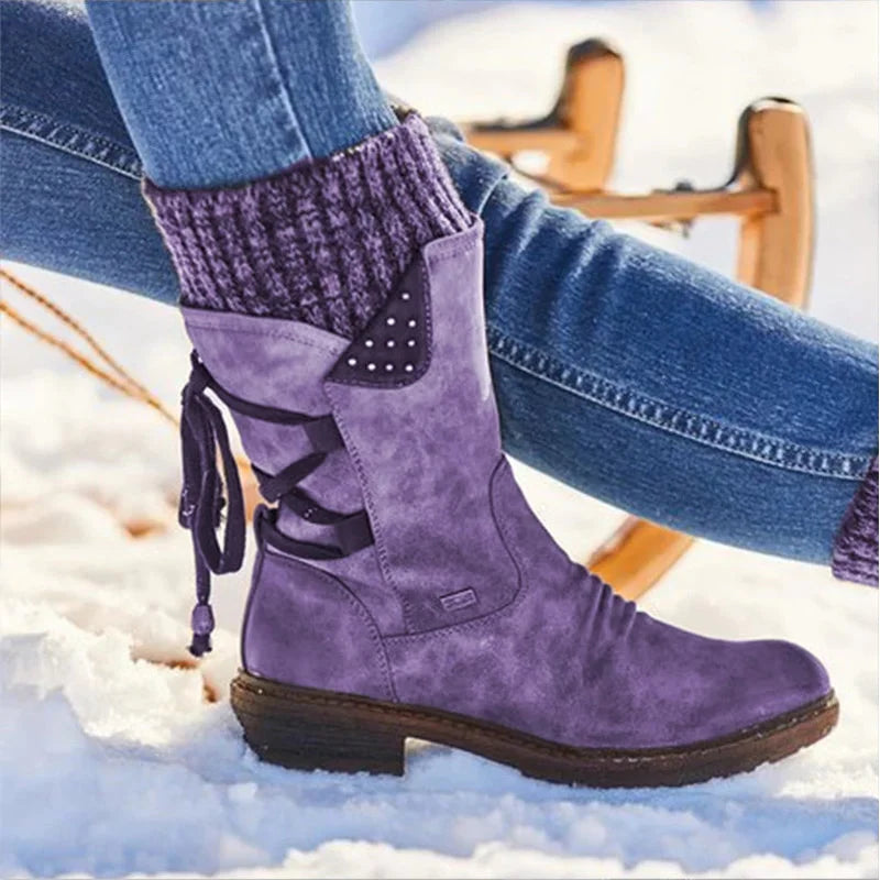 Alma - Stivali Invernali con Lacci e Bordo in Maglia Viola