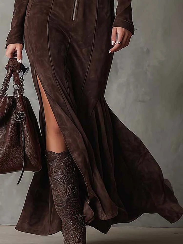 Romana - abito Lungo Scamosciato con Zip e Cintura da donna, colore marrone, vista 3