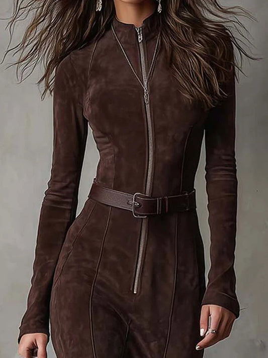 Romana - abito Lungo Scamosciato con Zip e Cintura da donna, colore marrone, vista 2