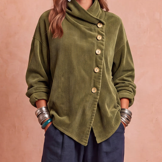 Diana - top asimmetrico in velluto a coste da donna, colore oliva