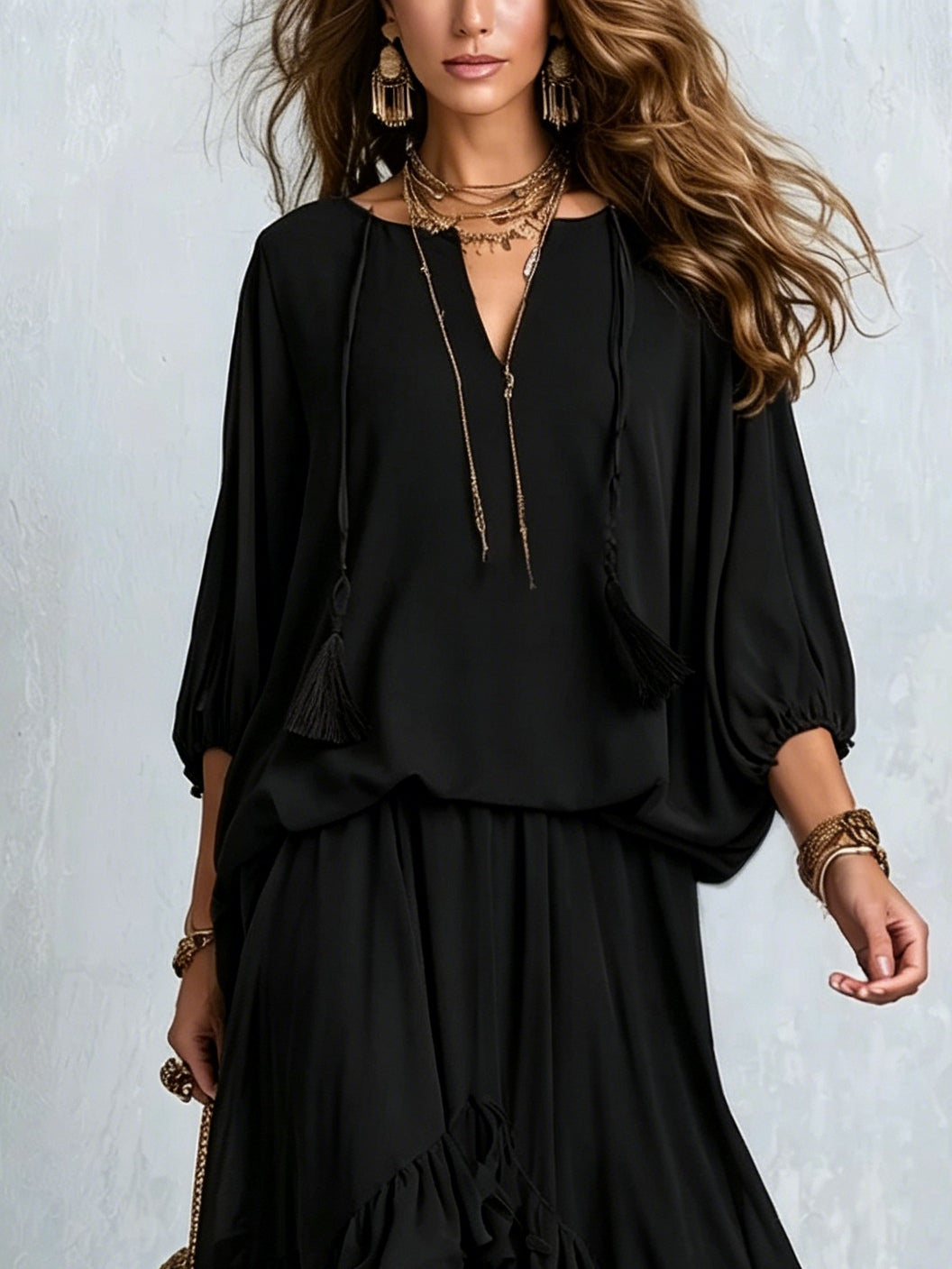 Elvira | Completo in Chiffon Nero con Volant