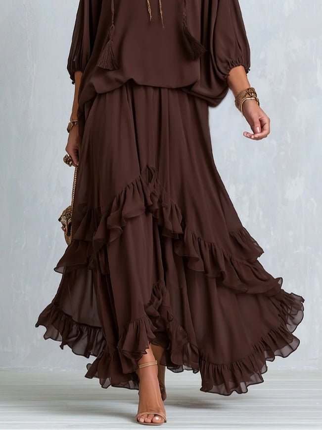 Manuela | Completo in Chiffon Marrone con Volant