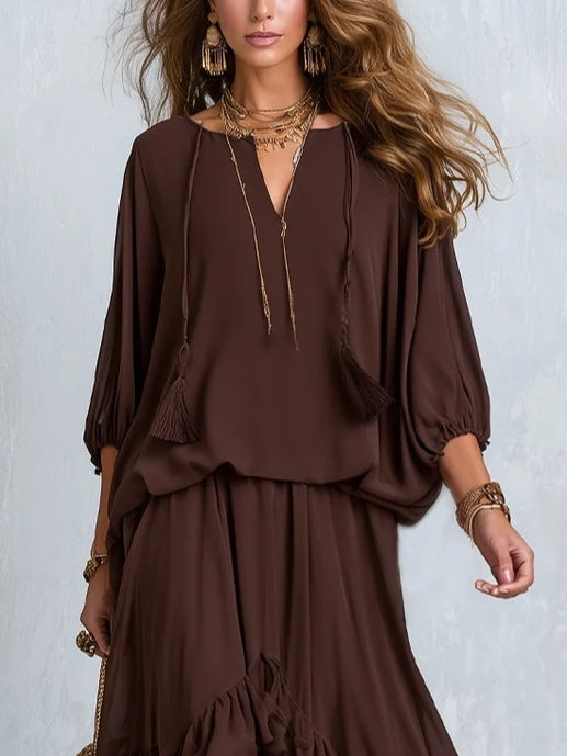 Manuela | Completo in Chiffon Marrone con Volant