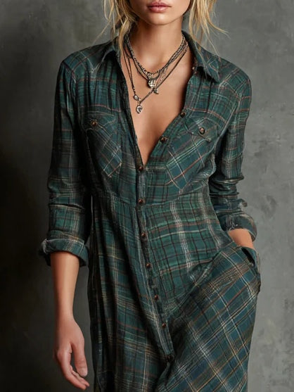 Gina - abito Chemisier Lungo a Quadri da donna, colore verde, vista 4