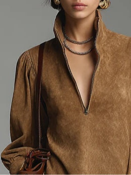Elsa - mini Abito Scamosciato con Zip e Collo Alto da donna, colore marrone, vista 2
