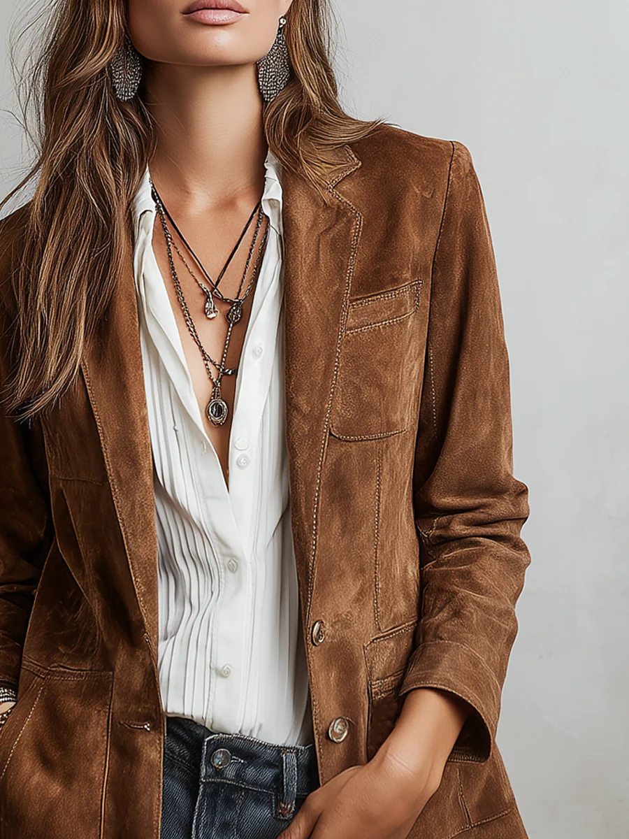 Bettina | Blazer Vintage Effetto Scamosciato Marrone - Nora Valtieri