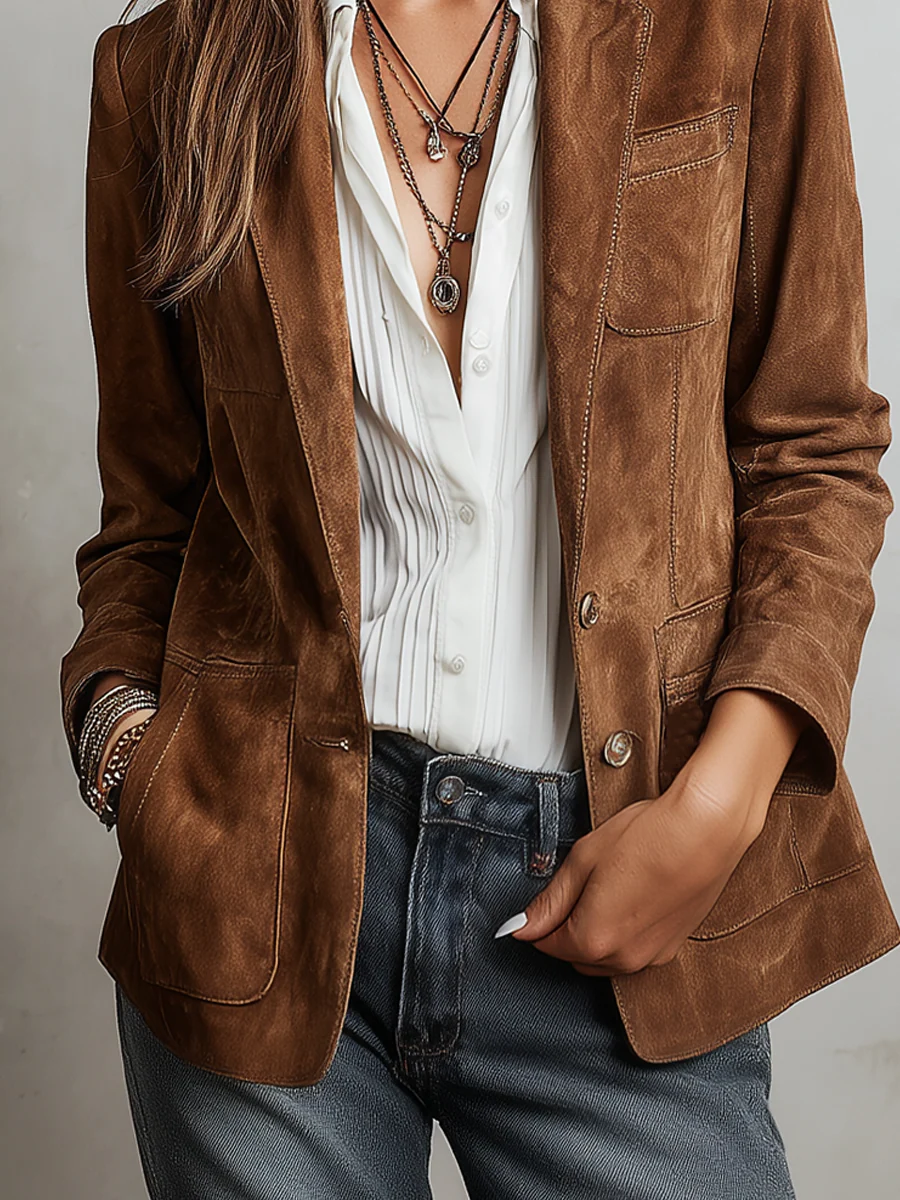 Bettina | Blazer Vintage Effetto Scamosciato Marrone - Nora Valtieri