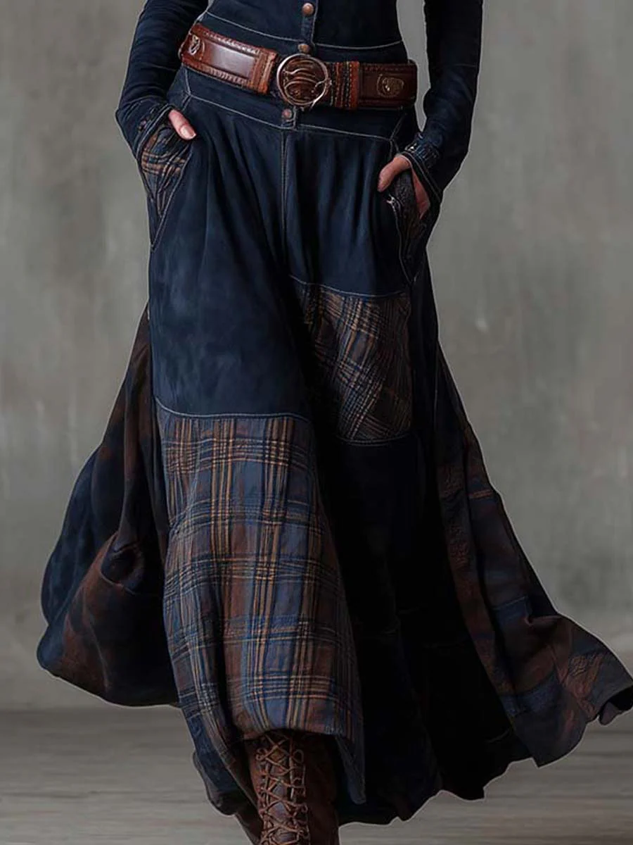 Ippolita - abito Lungo Scamosciato con Gonna Patchwork e Cintura da donna, colore blu navy, vista 9