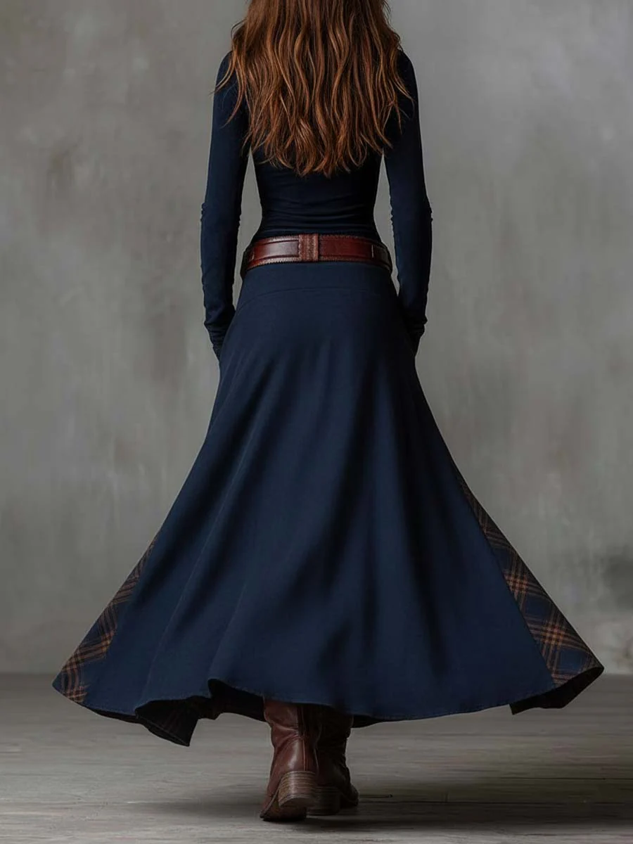 Ippolita - abito Lungo Scamosciato con Gonna Patchwork e Cintura da donna, colore blu navy, vista 6
