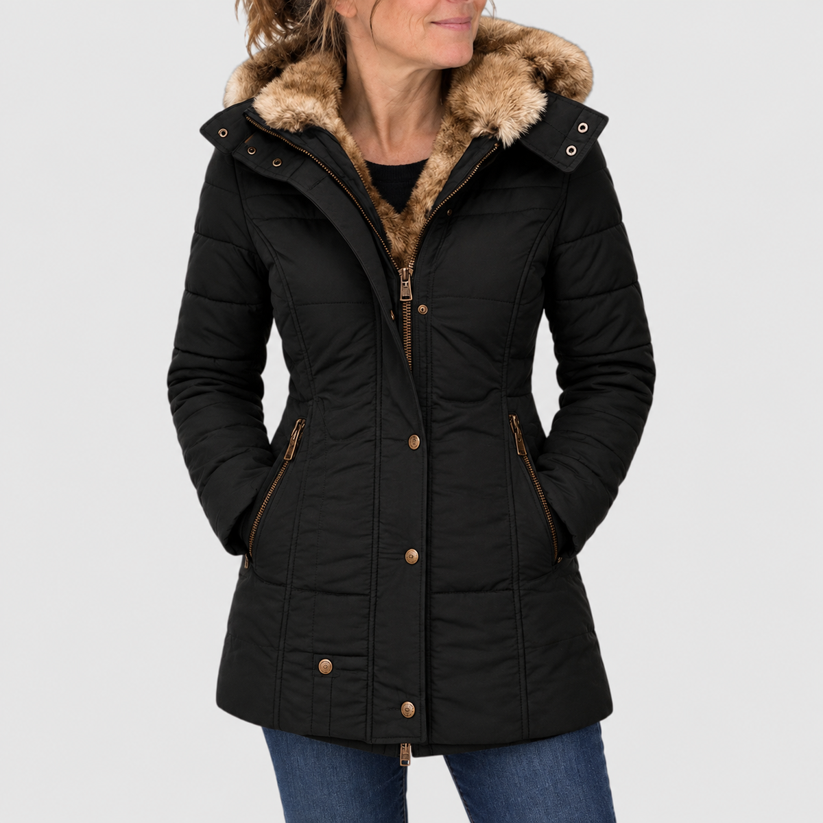 Evelina - parka trapuntato con cappuccio in pelliccia da donna