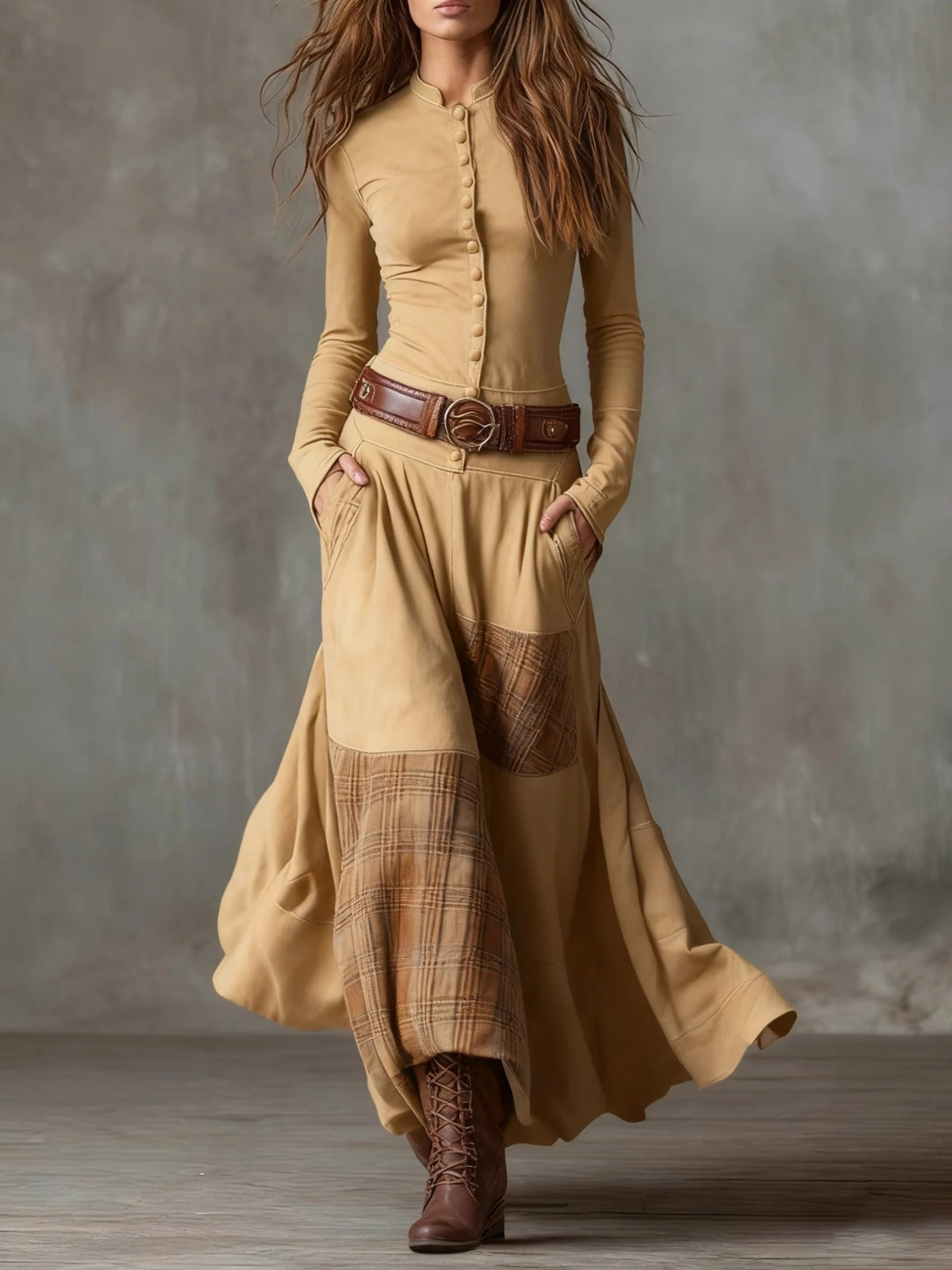 Ippolita - abito Lungo Scamosciato con Gonna Patchwork e Cintura da donna, colore cammello