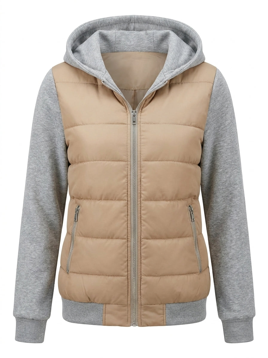 Renata - Giacca imbottita con cappuccio Beige e Grigio, fronte