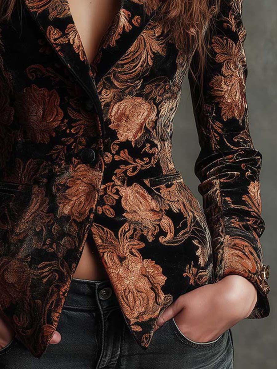 Fabrizia | Blazer Sciancrato a Fiori Nero e Bronzo - Nora Valtieri