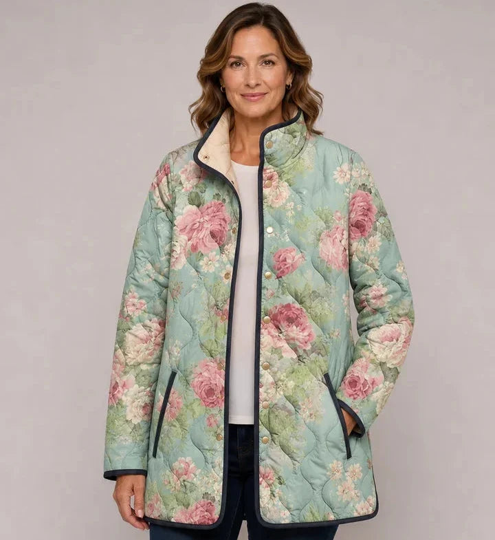 Delia | Giacca Trapuntata Verde Menta a Grandi Fiori - Nora Valtieri