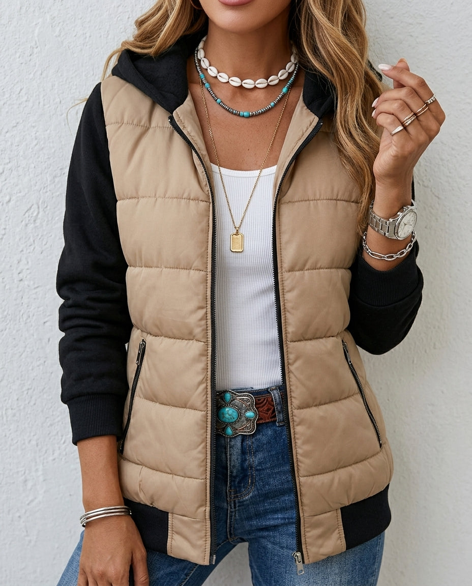 Renata - Giacca imbottita con cappuccio Beige e Nero