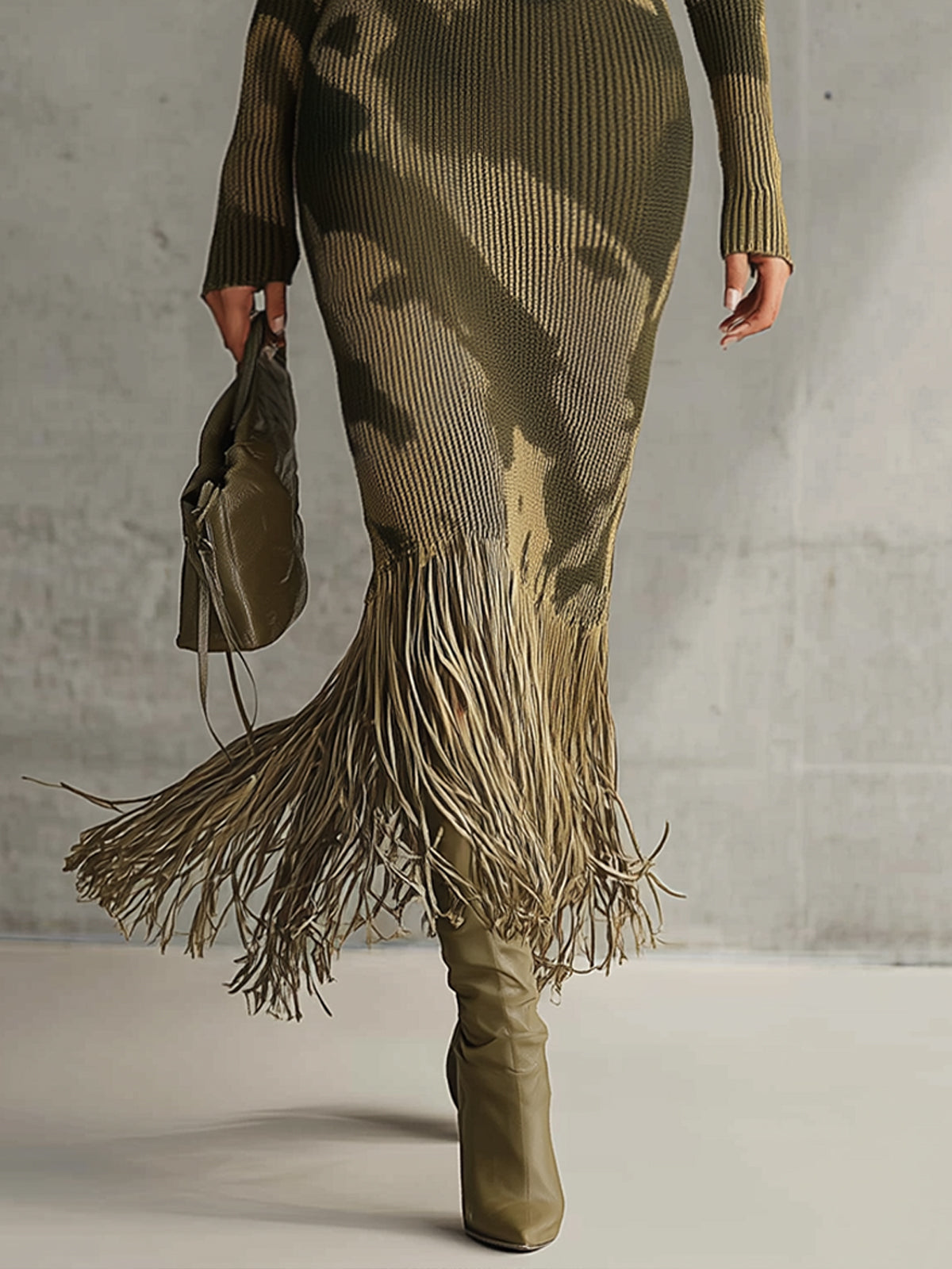 Mirta - abito Lungo in Maglia Mimetica con Frange da donna, colore verde oliva, vista 3