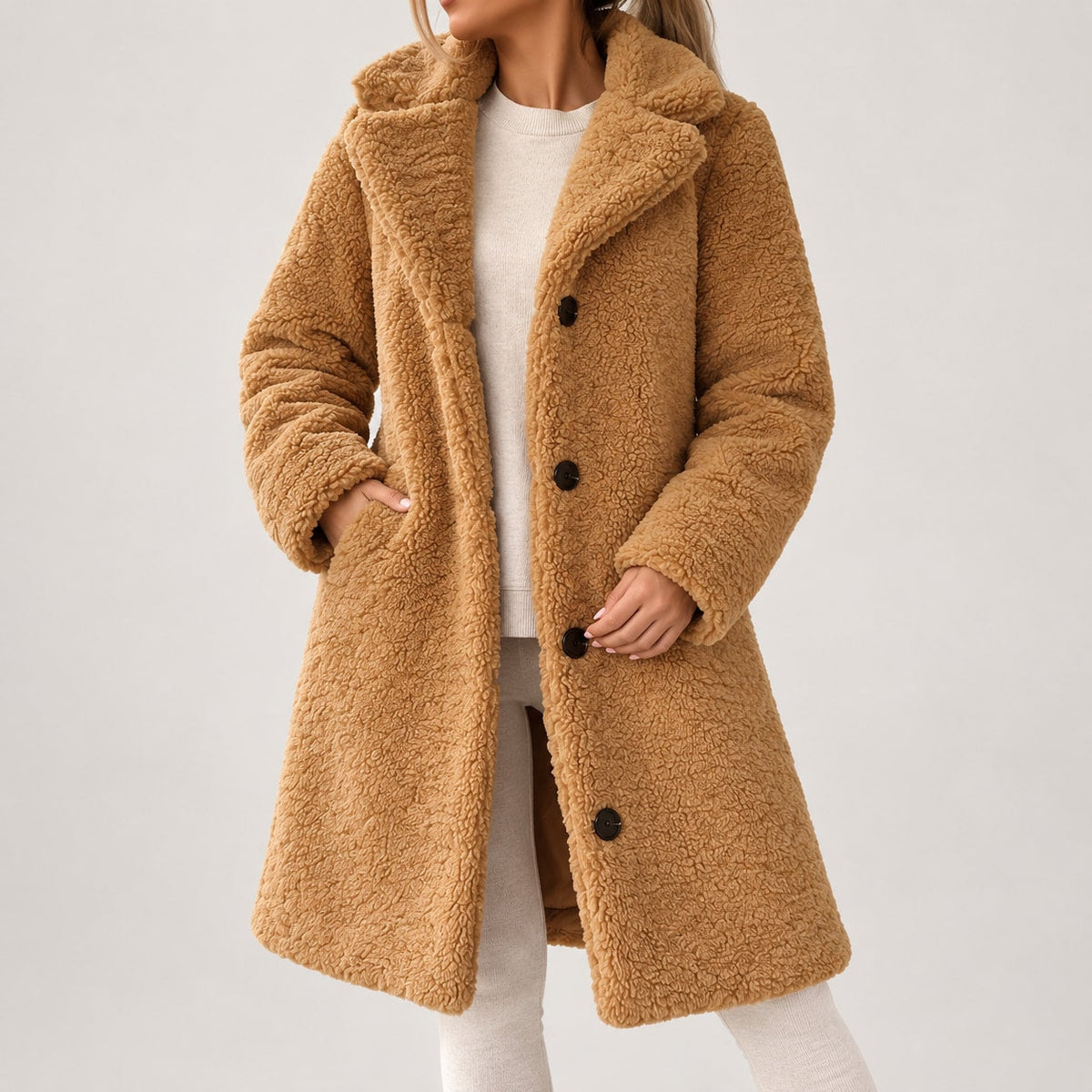 Annetta - cappotto Lungo in Teddy con Revers da donna, colore cammello, vista 4