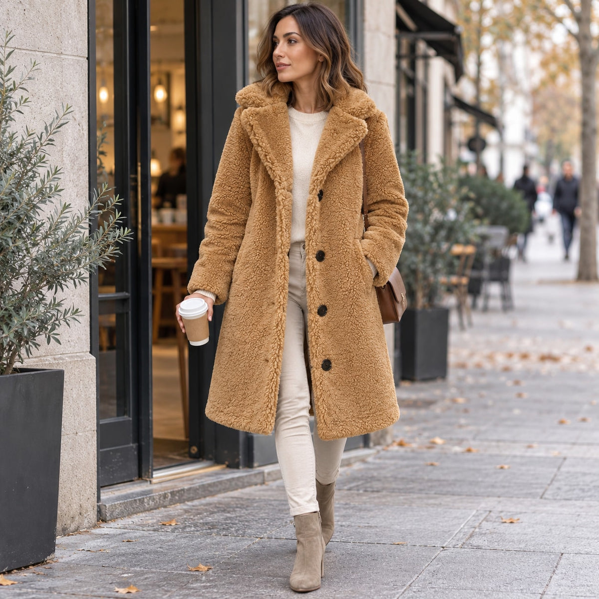 Annetta - cappotto Lungo in Teddy con Revers da donna, colore cammello