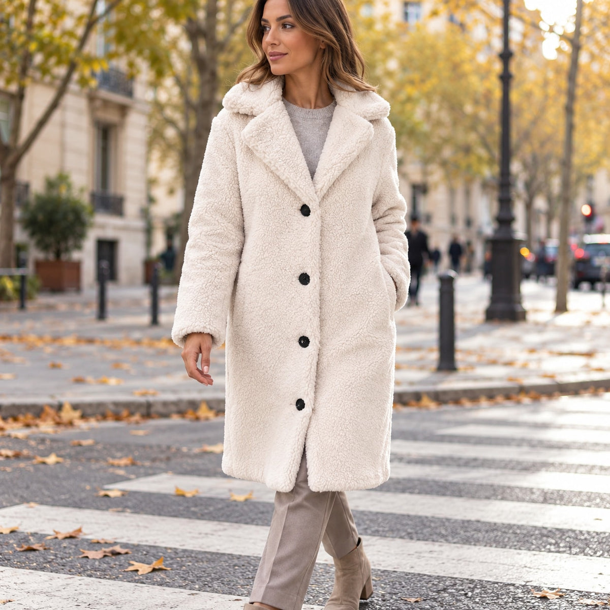 Annetta - cappotto Lungo in Teddy con Revers da donna, colore panna
