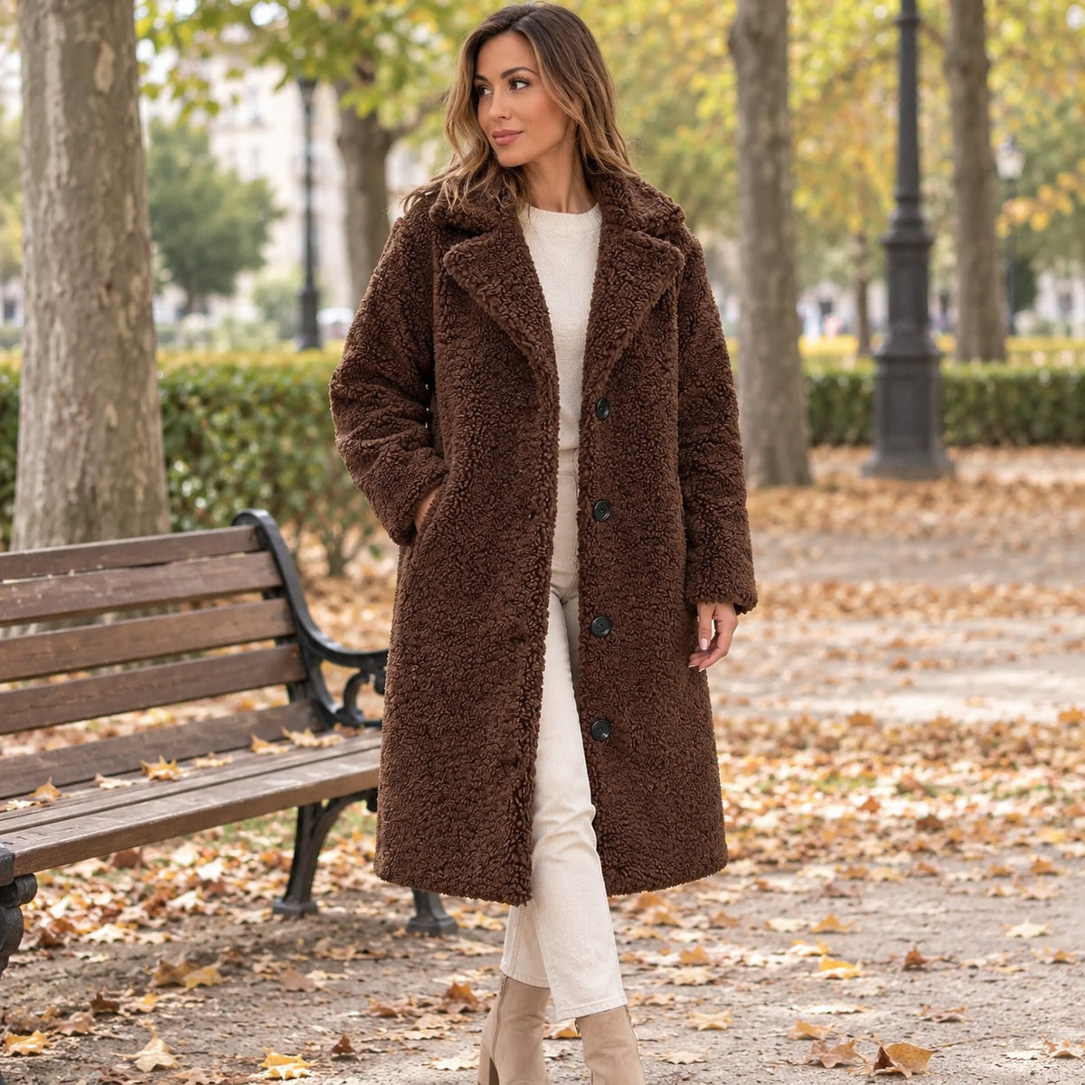 Annetta - cappotto Lungo in Teddy con Revers da donna, colore cioccolato