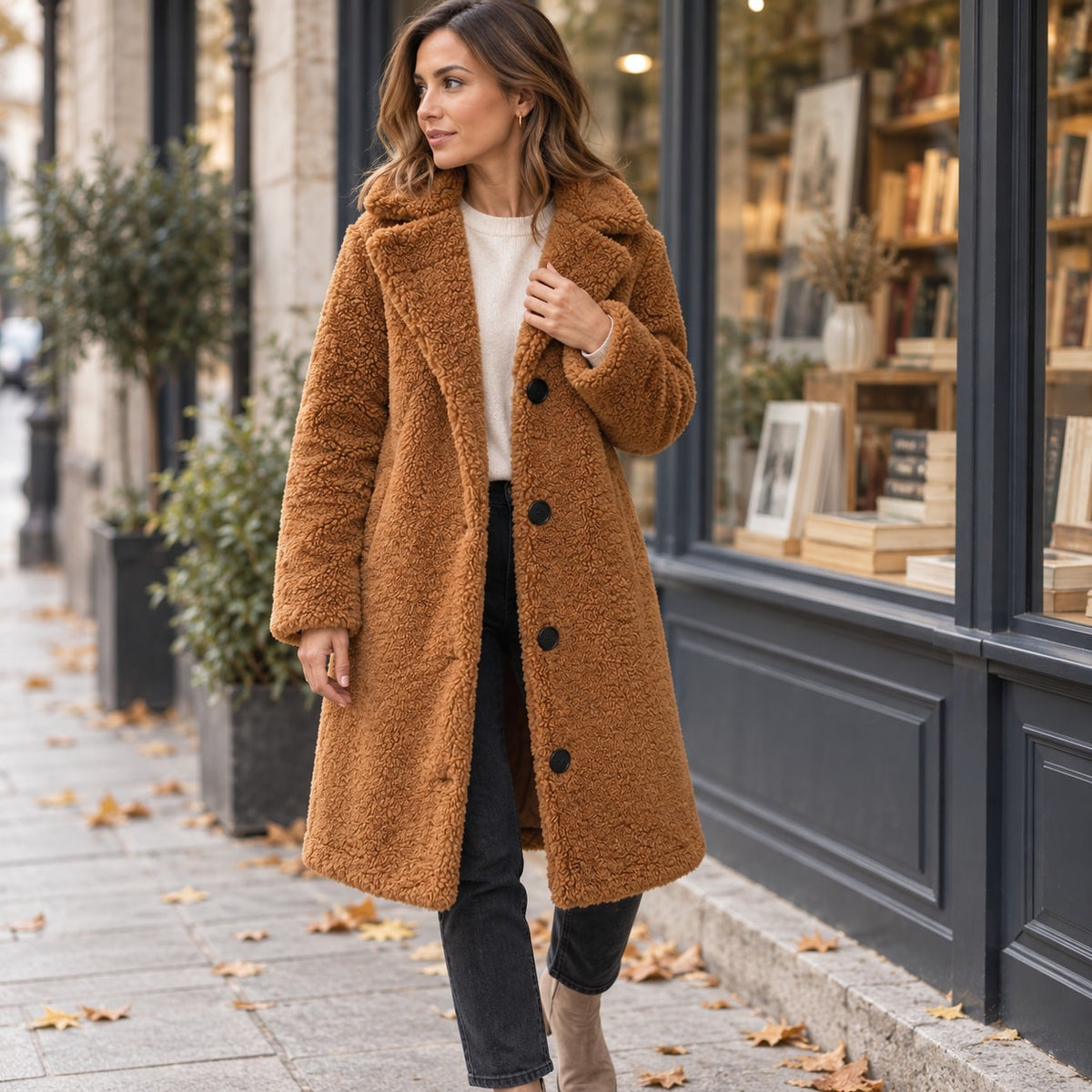Annetta - cappotto Lungo in Teddy con Revers da donna, colore cognac
