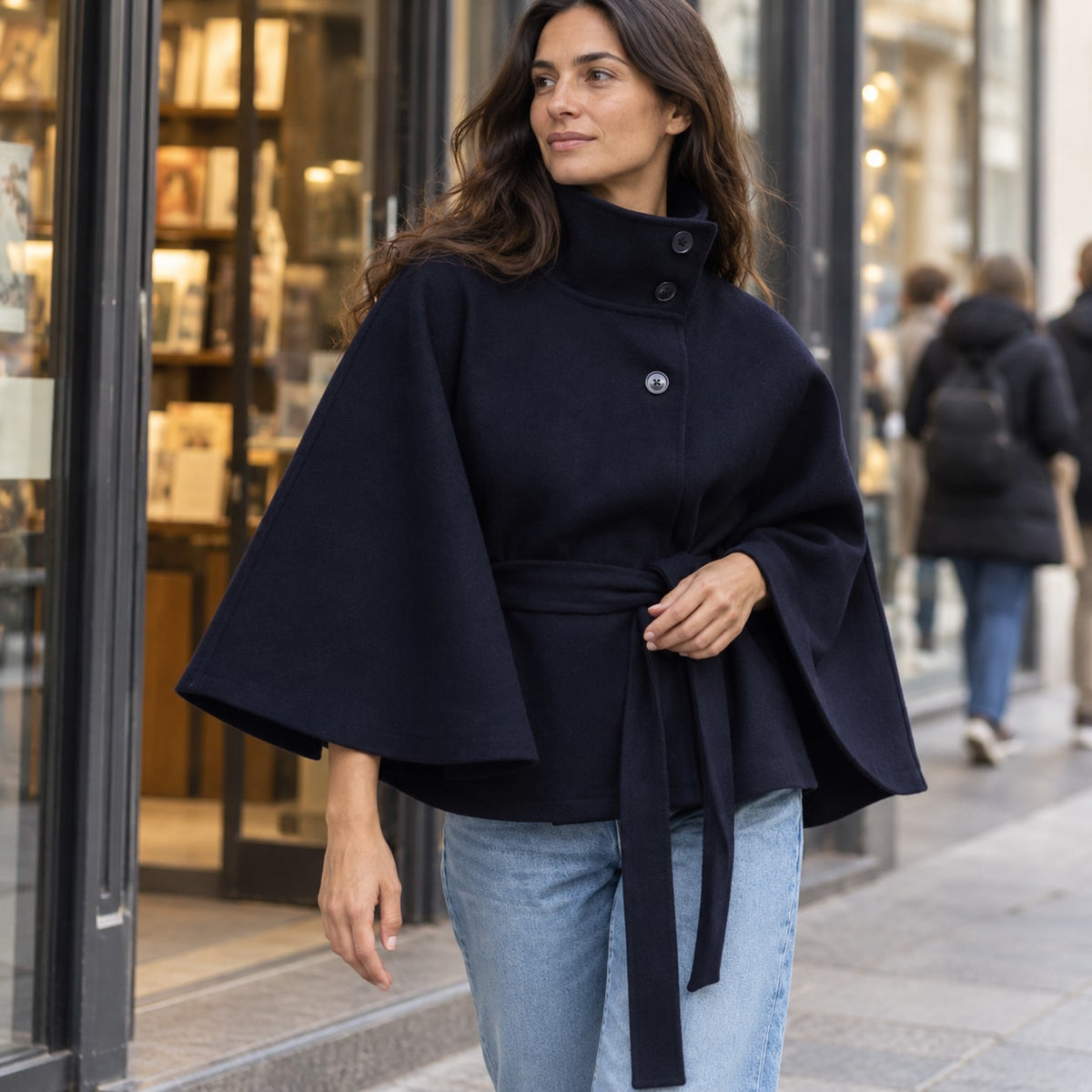 Lina - mantella con Collo Alto e Cintura da donna, colore blu navy